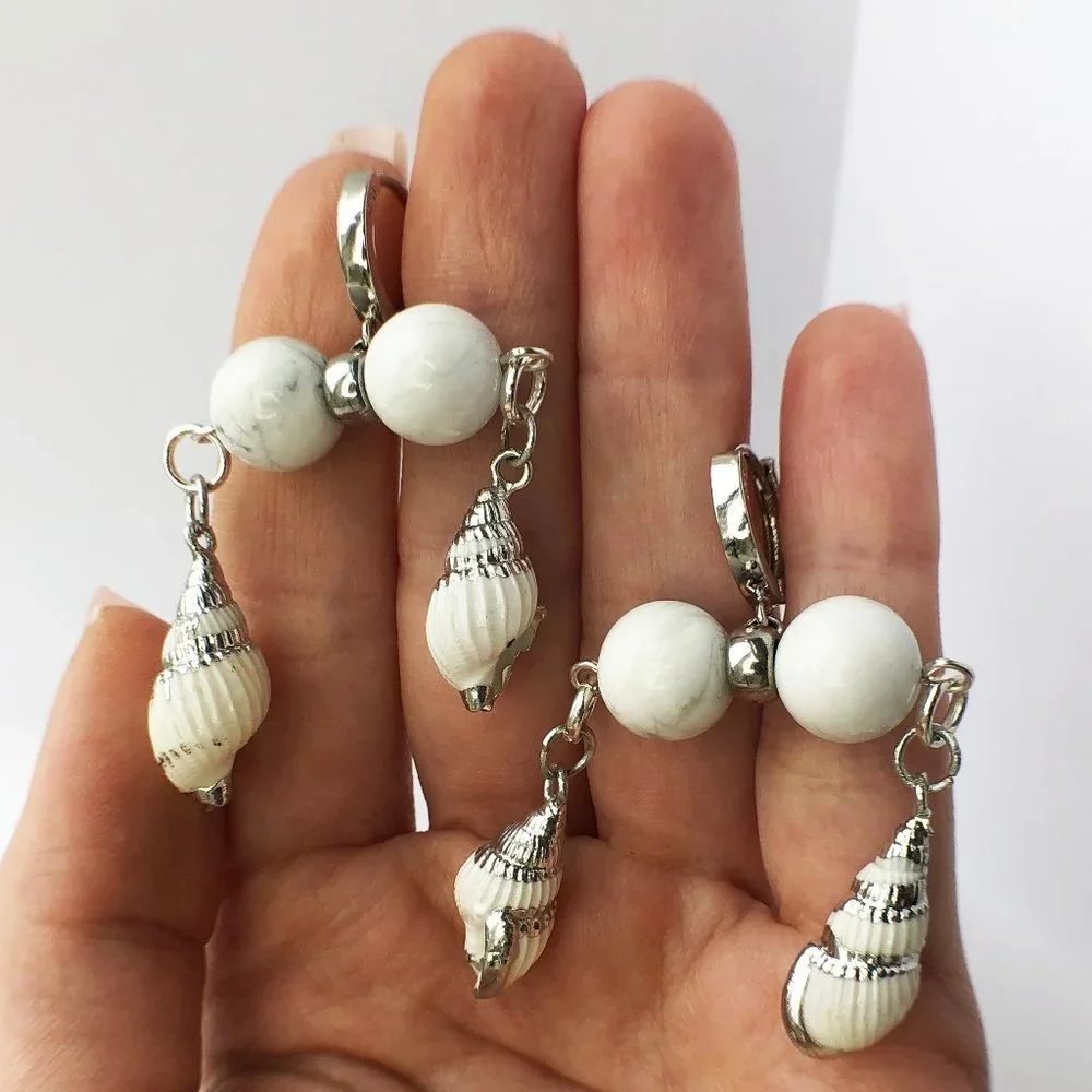 Unique White Shell Chunky Earrings, Handcrafted Howlite Dangle Hoops
